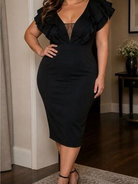 Elegant Black Ruffle V-Neck Women's Dress